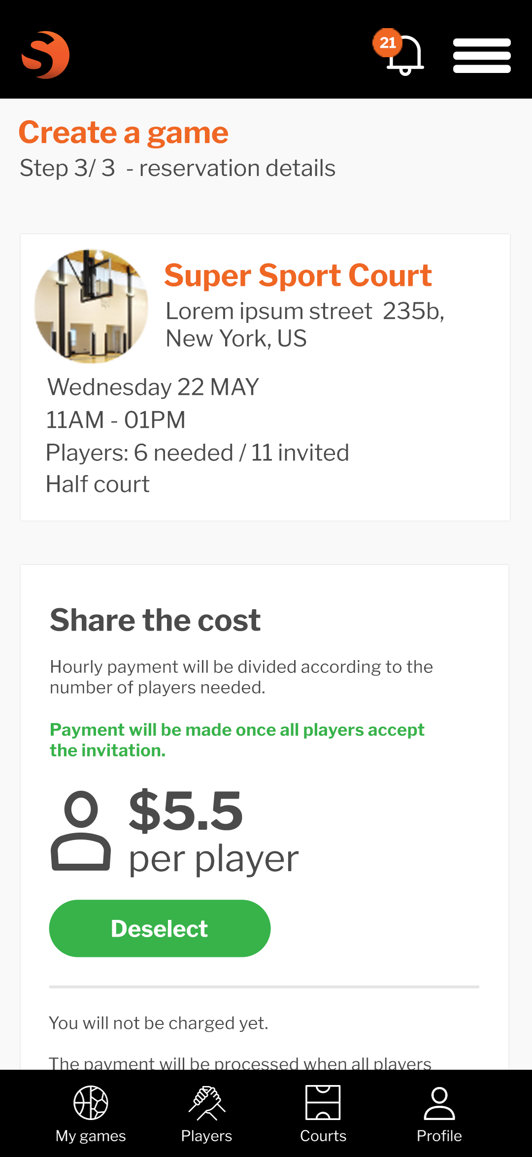 Sportslots mobile court booking screen